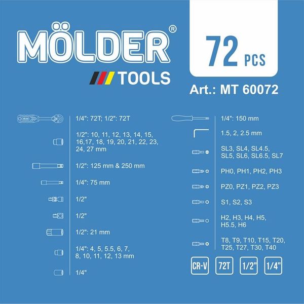 Набор инструментов для авто и дома профессиональный в кейсе MOLDER 72 предмета 1\2 и 1\4 Оригинал (MT60072) MT60072 фото