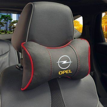 Подушка на підголівник з логотипом Opel Екошкіра 3D Кольоровий лого Чорна-Червоний кант 1 шт 91649 фото