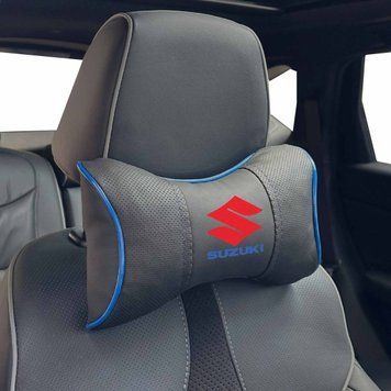 Подушка на підголівник з логотипом Suzuki Екошкіра 3D Кольоровий лого Чорна-Синій кант 1 шт 91854 фото