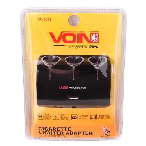 Автомобильный разветвитель прикуривателя VOIN 3 выхода 1USB 1000mA 12/24V (SC-3073) 94863 фото