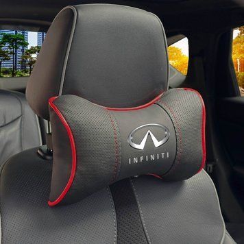 Подушка на підголівник з логотипом Infiniti Екошкіра 3D Кольоровий лого Чорна-Червоний кант 1 шт 91705 фото