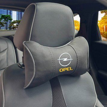Подушка на підголівник з логотипом Opel Екошкіра 3D Кольоровий лого Чорна-Сірий кант 1 шт 91647 фото