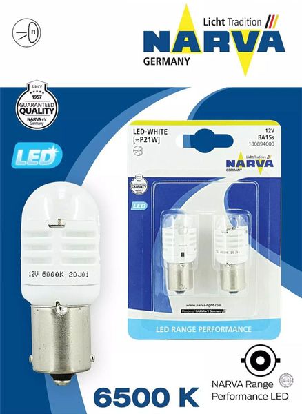 Світлодіод 12V цок.BA15s P21 LED Narva 180894000 White 2шт 180894000 фото