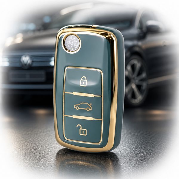 Чохол ключа Volkswagen зелений+золота окантовка (3 кнопки) TPU 96108 фото