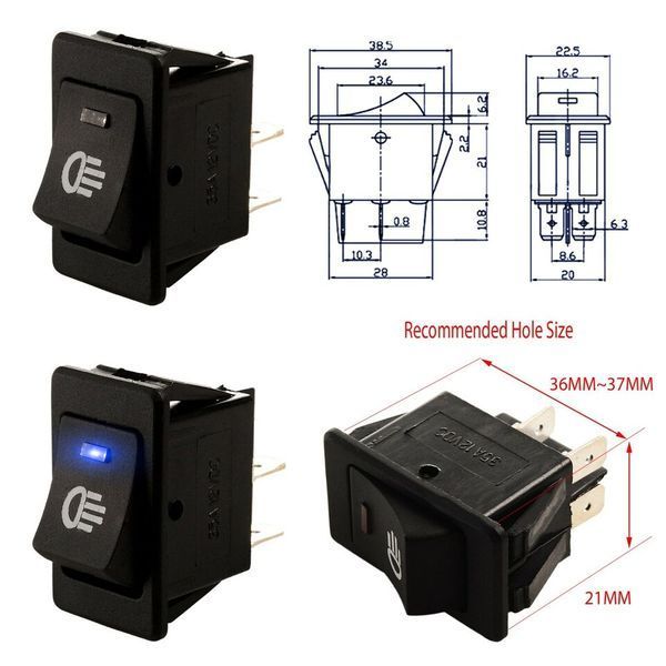 Кнопка Переключатель клавишный 12V (On/Off) 4 Контакта 20,2x34,2 мм Синяя Подсветка (Q3678) 66017 фото