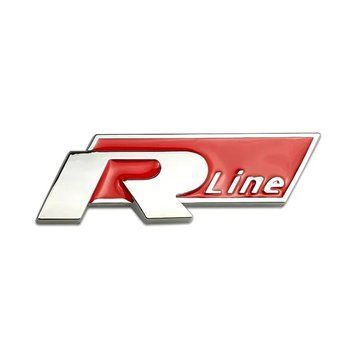 Эмблема надпись Rline для Volkswagen белая Красный на скотче 78х26 металл (на скотче) 95740 фото