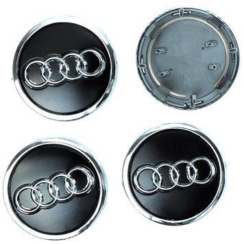 Колпачки на литые диски для Audi 69 х 57 мм объемный логотип с кольцом Черные 4 шт 68473 фото