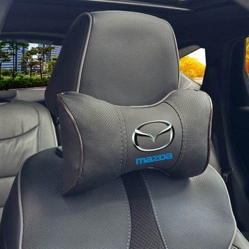 Подушка на подголовник с логотипом Mazda Экокожа 3D Цветной лого Черная-Коричневый кант 1 шт 91653 фото