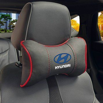 Подушка на підголівник з логотипом Hyundai Екошкіра 3D Кольоровий лого Чорна-Червоний кант 1 шт 91713 фото