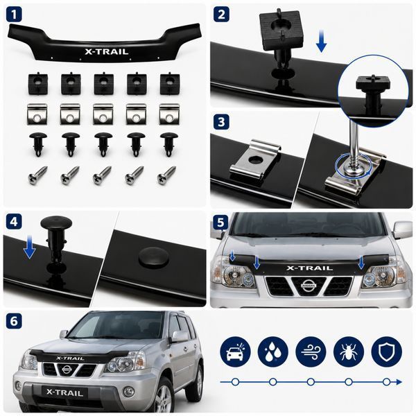 Дефлектор капота мухобойка Nissan X-Trail (T30) 2001-2006 Евро Крепление Vip Tuning (NS14) 3490 фото