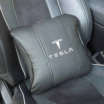 Подушка на підголівник з логотипом Tesla Екошкіра 3D Кольоровий лого Чорна-Чорний кант 1 шт 91816 фото
