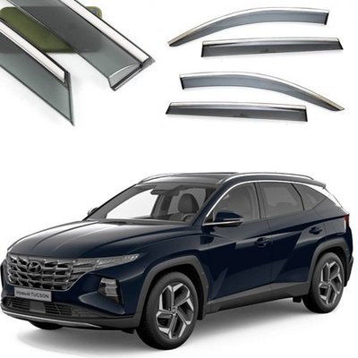 Дефлектори вікон вітровики Benke для Hyundai Tucson (NX4) 2021- Long Хром Молдинг Із Нержавіючої Сталі 3D 39775 фото