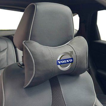 Подушка на подголовник с логотипом Volvo Экокожа 3D Цветной лого Черная-Серый кант 1 шт 91607 фото