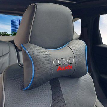 Подушка на підголівник з логотипом Audi Екошкіра 3D Кольоровий лого Чорна-Синій кант 1 шт 91551 фото