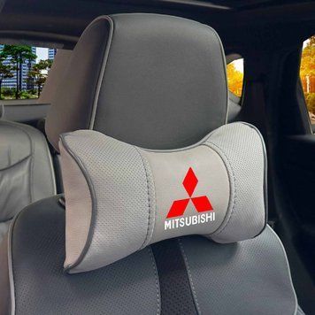 Подушка на подголовник с логотипом Mitsubishi Экокожа 3D Цветной лого Серые-Серый кант 1 шт 91659 фото