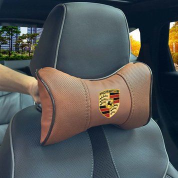 Подушка на підголівник з логотипом Porsche Екошкіра 3D Кольоровий лого Коричневий-Коричневий кант 1 шт 91770 фото