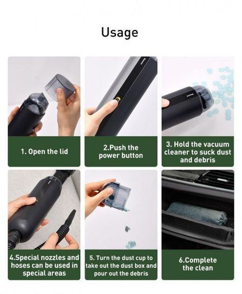 Автопылесос Baseus A2 / 75W /Сухая уборка / Аккумуляторный / 2 насадки / сумка / кабельType-C (CRXCQA2-01) 59167 фото