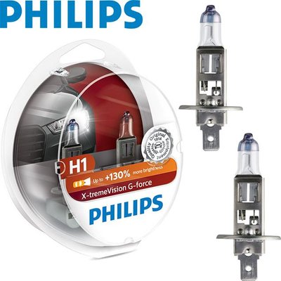 Автолампа галогенна Philips X-treme Vision G-Force +130% H1 12V 55W 3500K 2 шт (12258XVGS2) 56589 фото