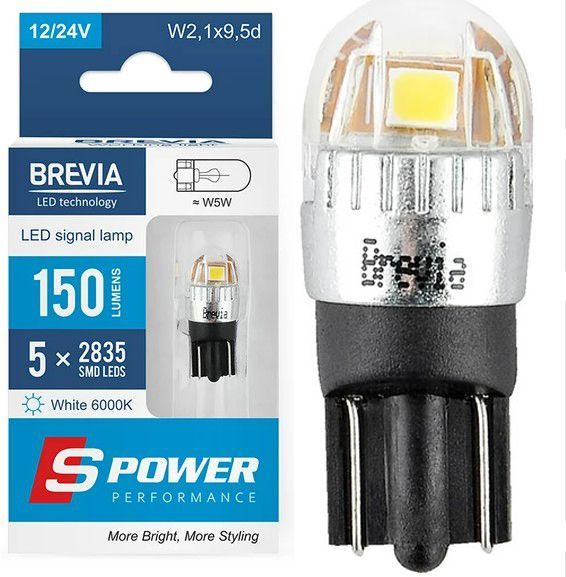 LED автолампа Brevia Spower 12/24V W5W 5x2835SMD 150Lm 6000K CANbus Оригінал 2 шт (10208X2) 10208X2 фото