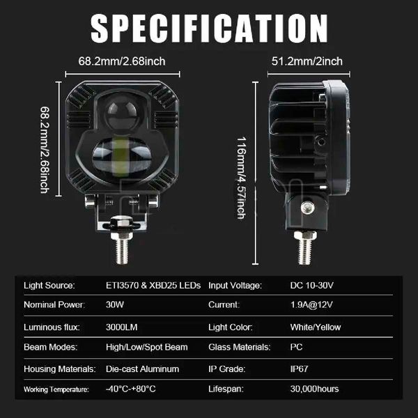 Bi-LED Фара додаткова Квадрата 65x65x50 мм 10-80V W/W P-66-40W 4 390 (Біле Світло) 64830 фото