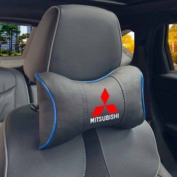 Подушка на подголовник с логотипом Mitsubishi Экокожа 3D Цветной лого Черная-Синий кант 1 шт 91662 фото