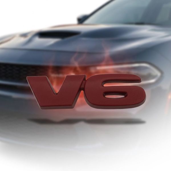 Эмблема надпись V6 Красная 80 х 22 мм металл (на скотче) 95510 фото