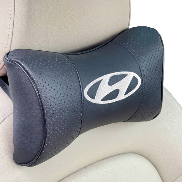 Подушка на подголовник с логотипом Hyundai экокожа Черная 1 шт 8287 фото