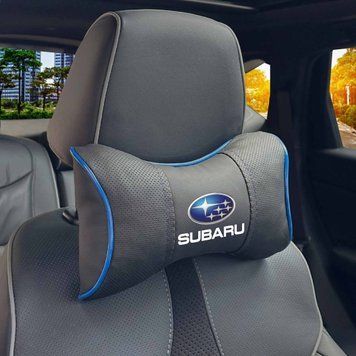 Подушка на подголовник с логотипом Subaru Экокожа 3D Цветной лого Черная-Синий кант 1 шт 91614 фото