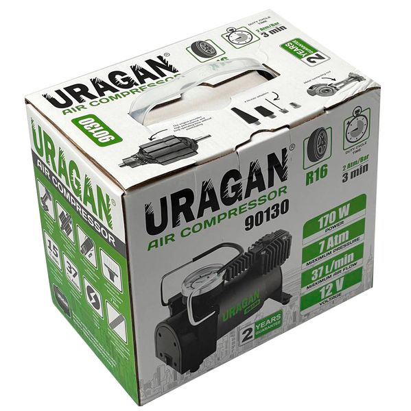 Автомобільний компресор URAGAN 12v 14А 37л/хв 170Вт 1 м шланг (90130) 90130 фото
