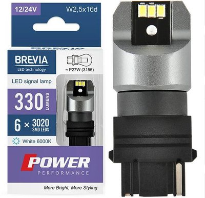 LED автолампа Brevia Power 12/24V P27W 6x3020SMD 330Lm 6000K CANbus Оригінал 2 шт (10138X2) 10138X2 фото