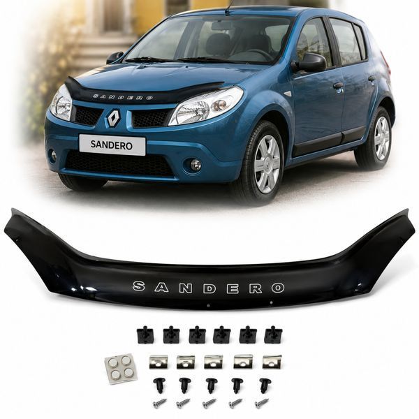 Дефлектор капоту мухобійка для Renault Sandero 2008-2013 Євро Кріплення (Voron Glass) MR11807 96477 фото