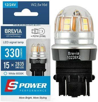LED автолампа Brevia Spower 12/24V P27/7W 6x2835SMD 330Lm 6000K CANbus W2,5x16d 2 шт (10239X2) 10239X2 фото