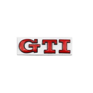 Емблема напис GTI для Volkswagen червона з чорною окантовкою 79х23 мм метал (на скотчі) 95643 фото