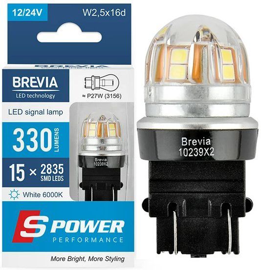 LED автолампа Brevia Spower 12/24V P27/7W 6x2835SMD 330Lm 6000K CANbus Оригінал 2 шт (10239X2) 10239X2 фото