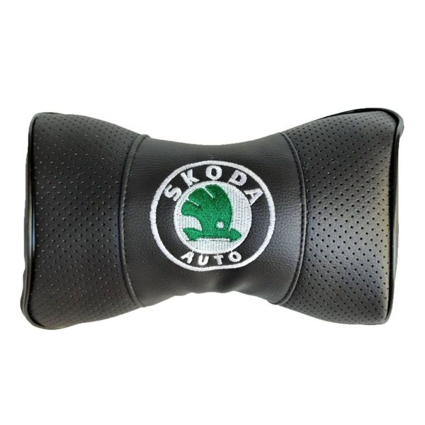 Подушка на підголівник з логотипом Skoda екошкіра Чорна 1 шт 8 фото