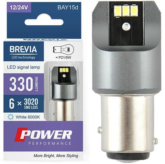 LED автолампа Brevia Power 12/24V P27/7W 6x3020SMD 330Lm 6000K CANbus Оригінальна 2 шт (10103X2) 10103X2 фото