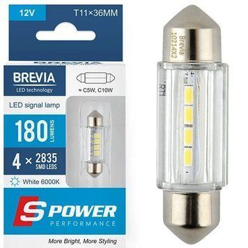 LED автолампа Brevia Spower 12/24V T11 36мм C5W (C10W) 4x12835SMD 180Lm 6000K CANbus T11x36MM 2 шт (10214X2) 10214X2 фото