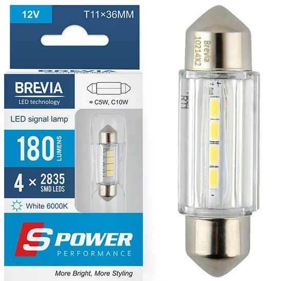 LED автолампа Brevia Spower 12/24V T11 36мм C5W (C10W) 4x12835SMD 180Lm 6000K CANbus Оригинал 2 шт (10214X2) 10214X2 фото