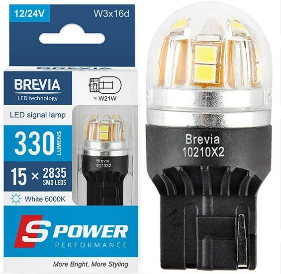 LED автолампа Brevia Spower 12/24V T20 W21W 15x2835SMD 330Lm 6000K CANbus Оригінал 2 шт (10210X2) 10210X2 фото