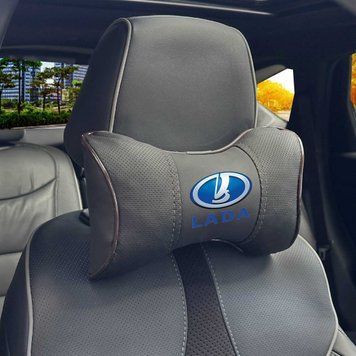 Подушка на підголівник з логотипом Lada Екошкіра 3D Кольоровий лого Чорна-Коричневий кант 1 шт 91685 фото