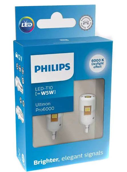 Світлодіод 12V Т10 Philips LED White Ultinon Pro6000 12В W5W (11961CU60X2) 2 шт 59993 фото