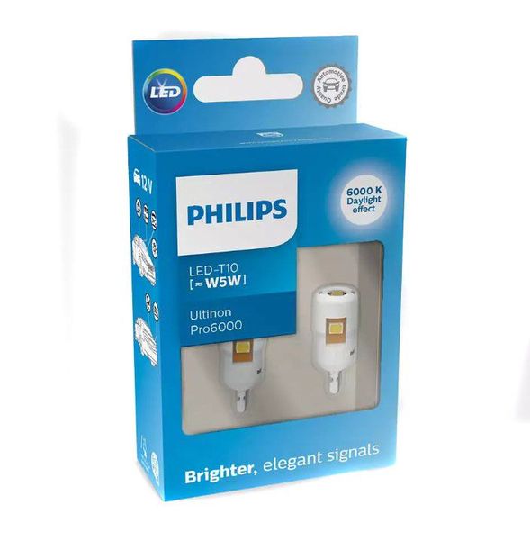 Світлодіод 12V Т10 Philips LED White Ultinon Pro6000 12В W5W (11961CU60X2) 2 шт 59993 фото