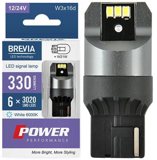 LED автолампа Brevia Power 12/24V T20 W21W 6x3020SMD 330Lm 6000K CANbus Оригінал 2 шт (10110X2) 10110X2 фото