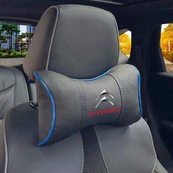 Подушка на подголовник с логотипом Citroen Экокожа 3D Цветной лого Черная-Синий кант 1 шт 91622 фото