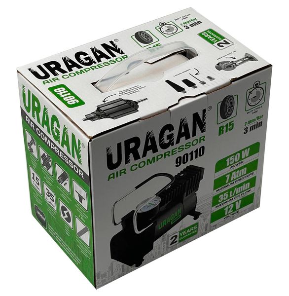 Автомобільний компресор URAGAN 12V 12А 35л/хв 150Вт 1 м шланг (90110) 90110 фото