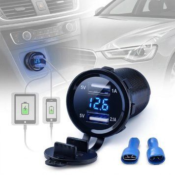 Гніздо Прикурювача під 2 USB 12-24V 5V 2,1-1A Вольтметр Синій індикатор з різьбленням А16R 100986 фото