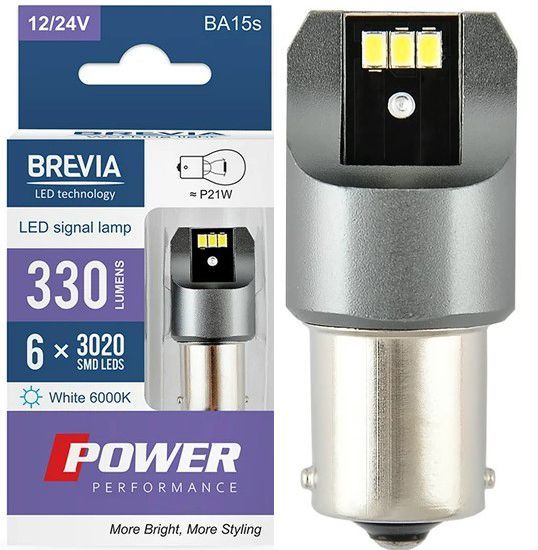 LED автолампа Brevia Power 12/24V T25 P21W 6x3020SMD 330Lm 6000K CANbus 2 шт (10101X2) 10101X2 фото