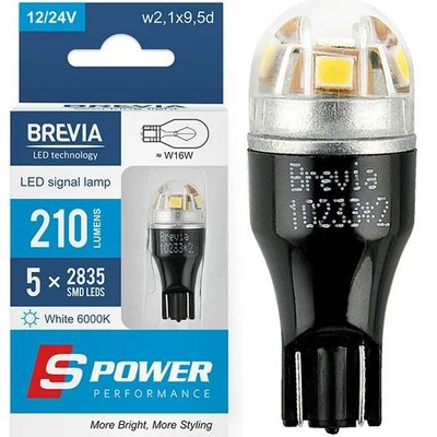 LED автолампа Brevia Spower 12/24V W16W 210Lm 5x2835SMD 6000K CANbus Оригінал 2 шт (10233X2) 10203X2 фото