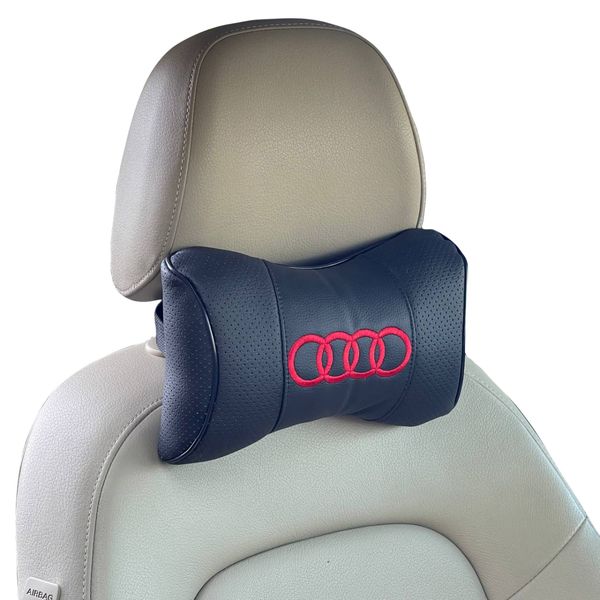 Подушка на підголовник з логотипом Audi екошкіра Чорна Червоний логотип 1 шт 4948 фото
