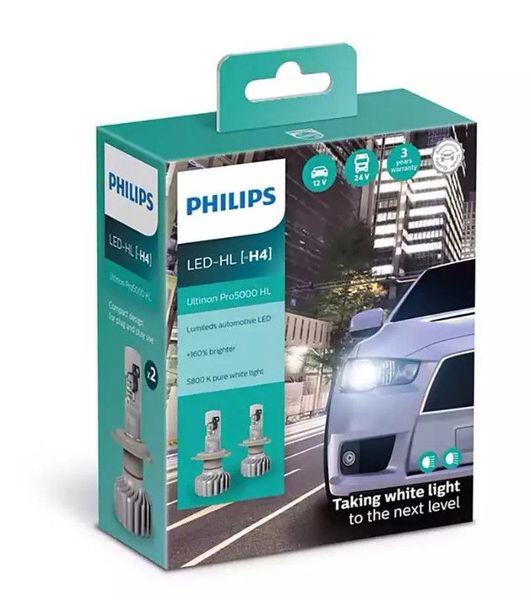 LED лампи автомобільні H4 радіатор+кулер 5000Lm PHILIPS Ultinon Pro+160% / 5800K / IP67 / 8-48V 2шт 31660 фото